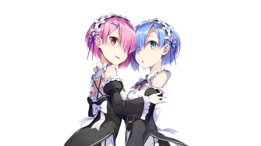 2girls artist_request bangs blue_eyes blue_hair detached_sleeves eyebrows_visible_through_hair hair_over_one_eye highres looking_at_viewer looking_to_the_side maid maid_headdress multiple_girls pink_hair ram_(re:zero) re:zero_kara_hajimeru_isekai_seikatsu red_eyes rem_(re:zero) render siblings simple_background sisters