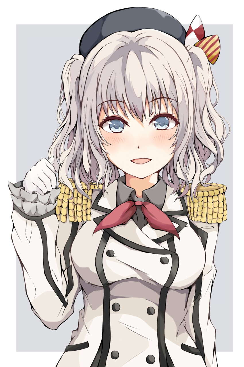 1girl absurdres bangs beret blue_eyes blush breasts dairyo3 epaulettes eyebrows_visible_through_hair gloves hat highres kantai_collection kashima_(kantai_collection) medium_hair military military_uniform open_mouth red_neckwear silver_hair simple_background solo twintails two-tone_background uniform upper_body white_gloves