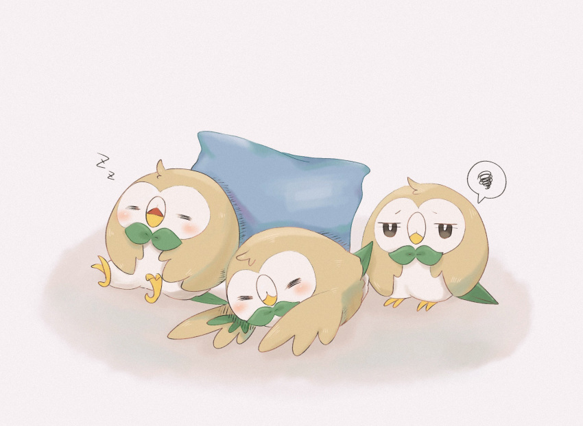=_= animal_focus bird black_eyes blush bright_pupils commentary_request cushion full_body grey_background half-closed_eyes highres lying no_humans on_stomach open_mouth pokemon pokemon_(creature) rowlet simple_background sitting sleeping speech_bubble spoken_squiggle squiggle standing white_pupils ynmr_ll zzz