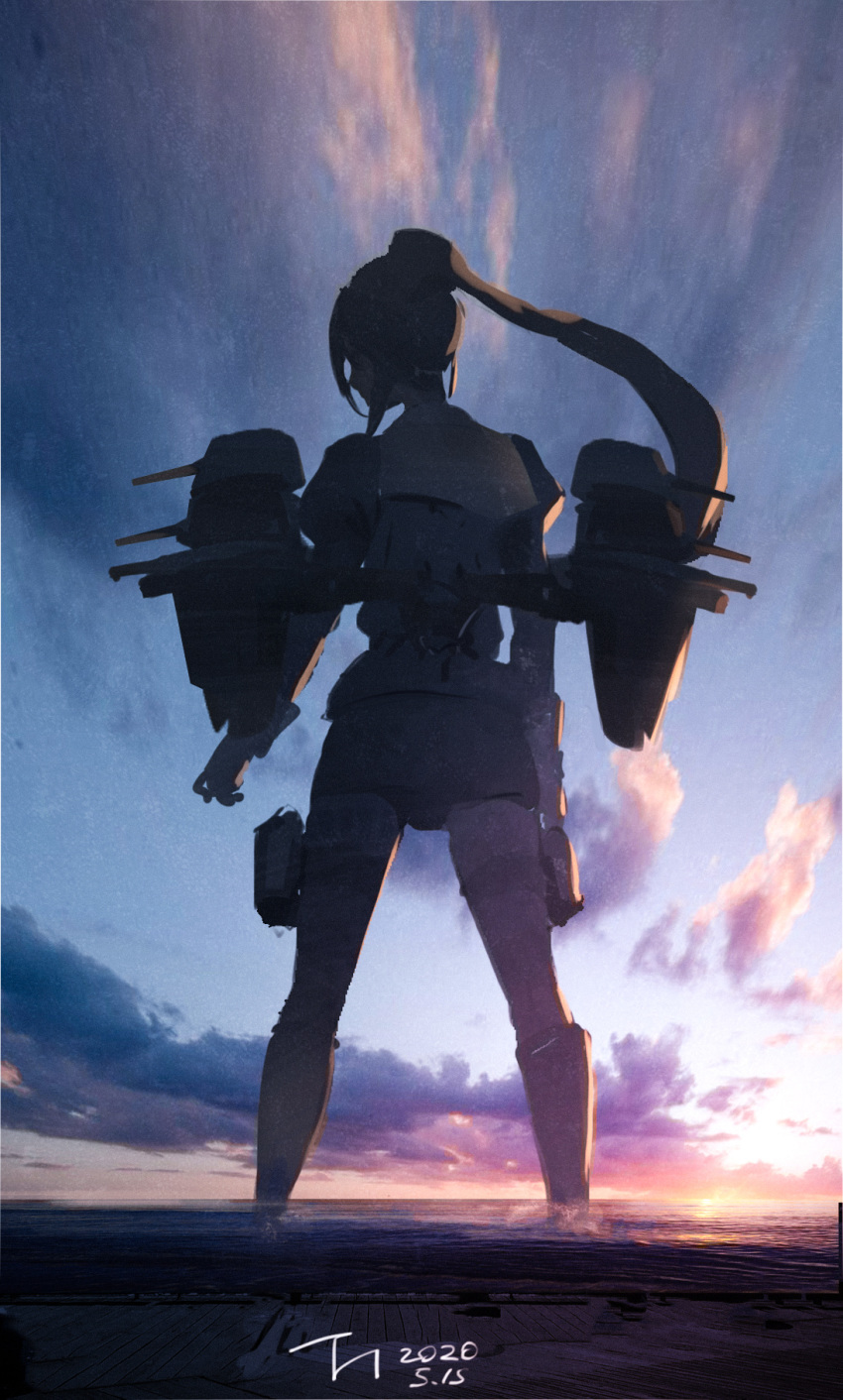 1girl boots clouds dated from_behind giantess harusame_tsubaki highres kantai_collection long_hair nachi_(kantai_collection) ocean outdoors ponytail rigging side_ponytail signature sky solo standing sunrise uniform very_long_hair water