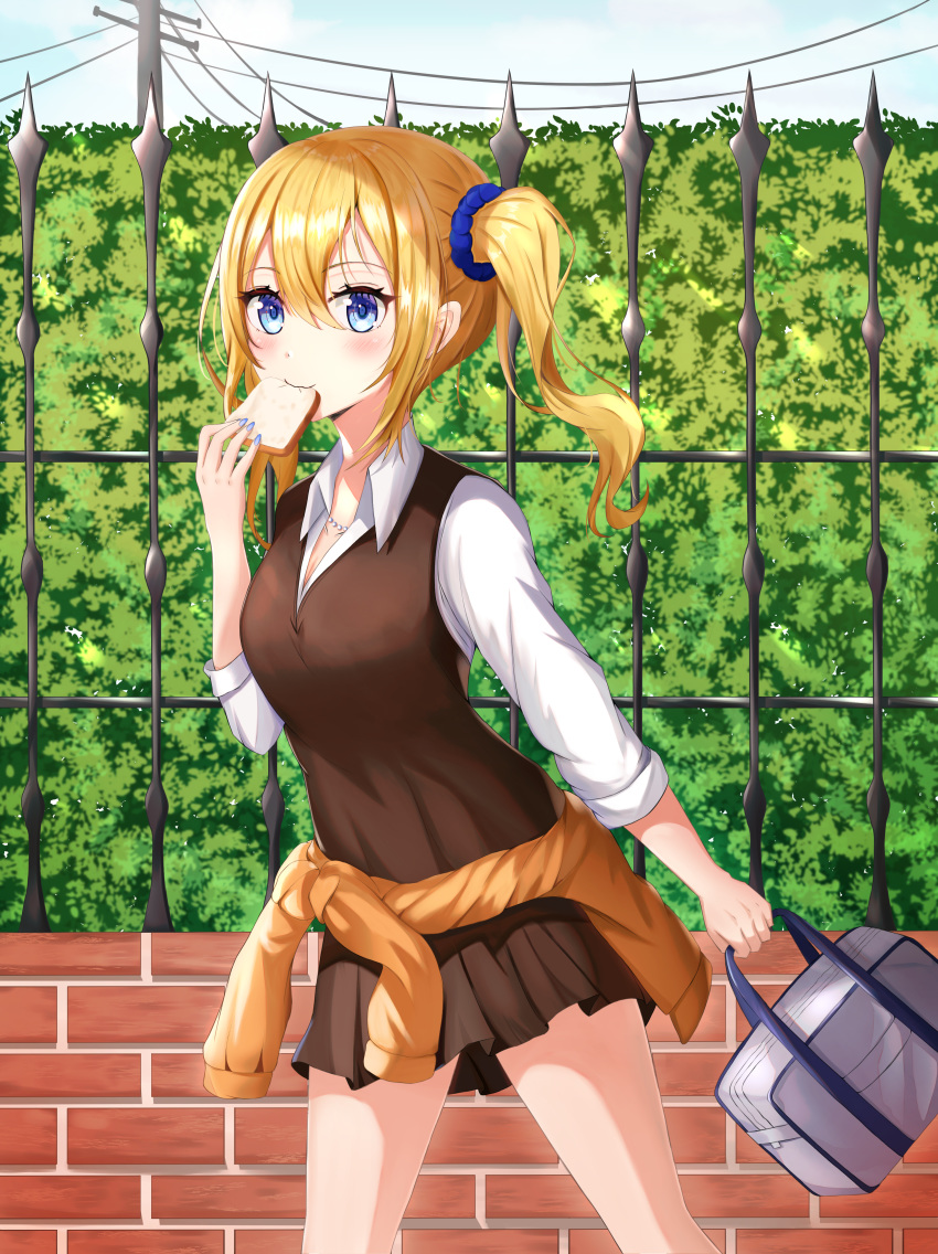 1girl absurdres bag bangs blonde_hair blue_eyes blue_scrunchie blush breasts collared_shirt commentary_request fence hair_between_eyes hair_ornament hair_scrunchie hayasaka_ai highres holding holding_bag huge_filesize kaguya-sama_wa_kokurasetai_~tensai-tachi_no_renai_zunousen~ long_hair looking_at_viewer outdoors scrunchie shirt side_ponytail sidelocks solo white_shirt zeroillya