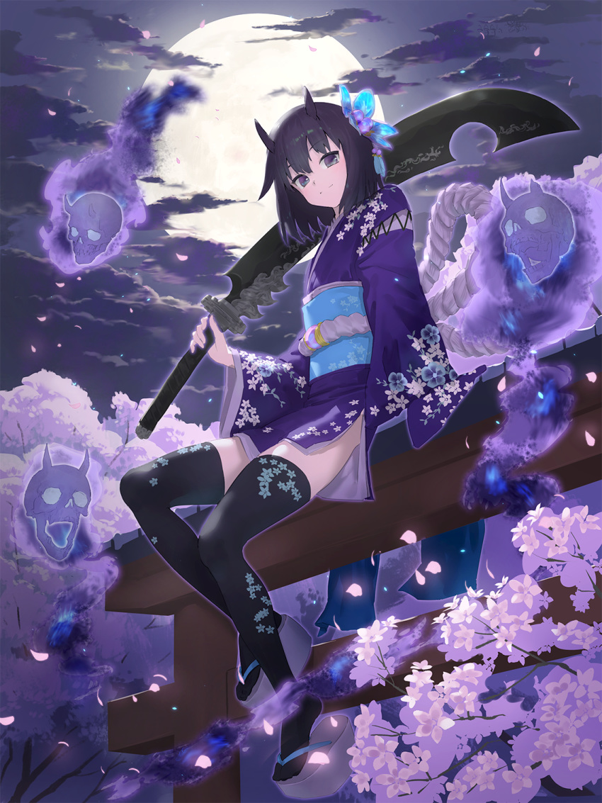 1girl black_hair cherry_blossoms clouds cloudy_sky commentary_request eyebrows_visible_through_hair floral_print hair_ornament highres hitodama horns japanese_clothes kimono looking_at_viewer medium_hair moon night original over_shoulder sandals sash short_kimono sitting skull sky smile solo sword thigh-highs violet_eyes wasabi60 weapon weapon_over_shoulder