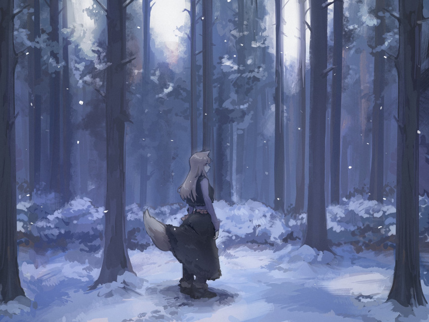 1girl animal_ears bangs boots brown_hair closed_mouth dress forest from_side full_body highres holo long_hair long_sleeves looking_at_viewer looking_to_the_side nature osu5i outdoors snow solo spice_and_wolf standing tail tree vest winter winter_clothes wolf_ears wolf_girl wolf_tail