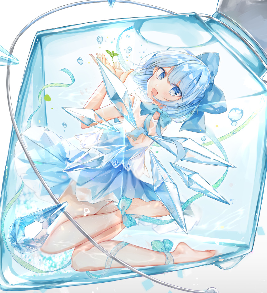 1girl bare_legs barefoot blue_bow blue_dress blue_eyes blue_hair blue_ribbon bottle bow bubble cirno commentary_request dress hair_bow highres ice ice_crystal ice_wings looking_at_viewer looking_back moko_(mokochisa) open_mouth ribbon short_dress short_hair sleeveless sleeveless_dress solo touhou wings