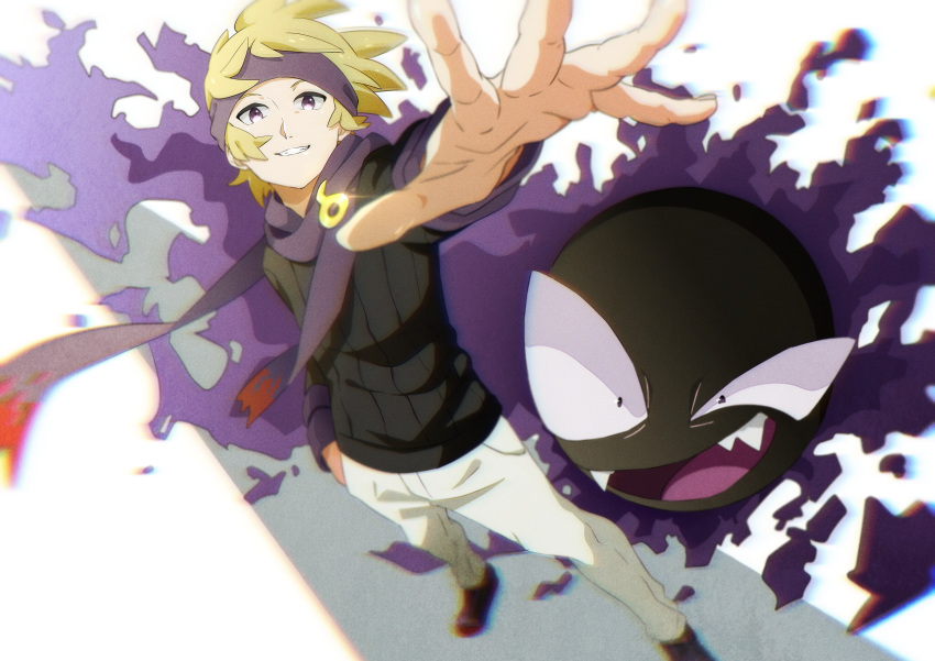 1boy absurdres blonde_hair commentary_request film_grain gastly gen_1_pokemon ghost gym_leader hand_in_pocket headband highres huge_filesize long_sleeves looking_at_viewer matsuba_(pokemon) outstretched_arm pants perspective pokemon pokemon_(creature) pokemon_(game) pokemon_hgss purple_headband purple_scarf scarf short_hair smile spread_fingers standing tamaru_(user_nkxd4384) teeth violet_eyes white_background white_pants