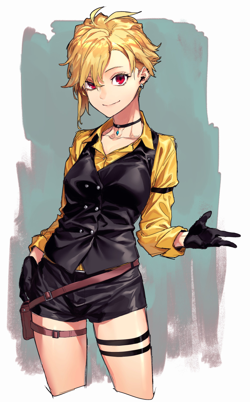 1girl absurdres antenna_hair bangs black_choker black_gloves black_shorts black_sweater_vest blonde_hair breasts choker collarbone commentary_request cropped_legs gem gloves highres looking_at_viewer medium_breasts original red_eyes reiga_(act000) shirt short_hair short_shorts shorts smile solo sweater_vest thigh_strap yellow_shirt