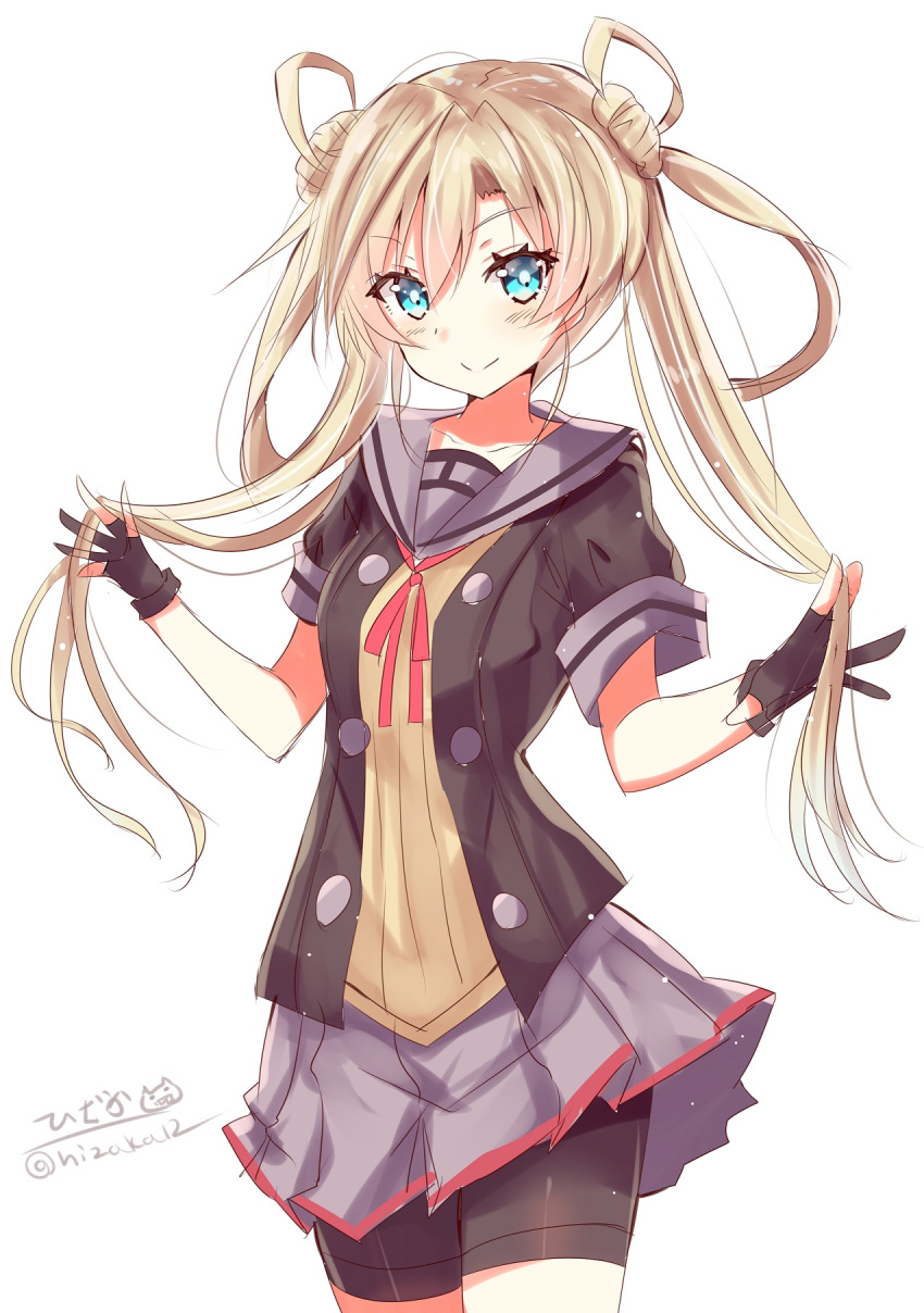 1girl abukuma_(kantai_collection) bike_shorts black_gloves blonde_hair blue_eyes blush brown_sweater closed_mouth double_bun gloves grey_sailor_collar grey_serafuku grey_skirt hair_between_eyes hair_rings highres hizaka kantai_collection long_hair neck_ribbon open_mouth partly_fingerless_gloves pleated_skirt red_ribbon remodel_(kantai_collection) ribbon sailor_collar school_uniform serafuku short_sleeves shorts shorts_under_skirt simple_background skirt smile solo sweater twintails twitter_username white_background