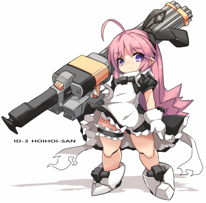 1girl ahoge android doll expressionless gatling_gun gloves gun hoihoi-san holding holding_gun holding_weapon ichigeki_sacchuu!!_hoihoi-san karukan_(monjya) long_hair maid pink_hair science_fiction solo violet_eyes weapon white_background white_gloves