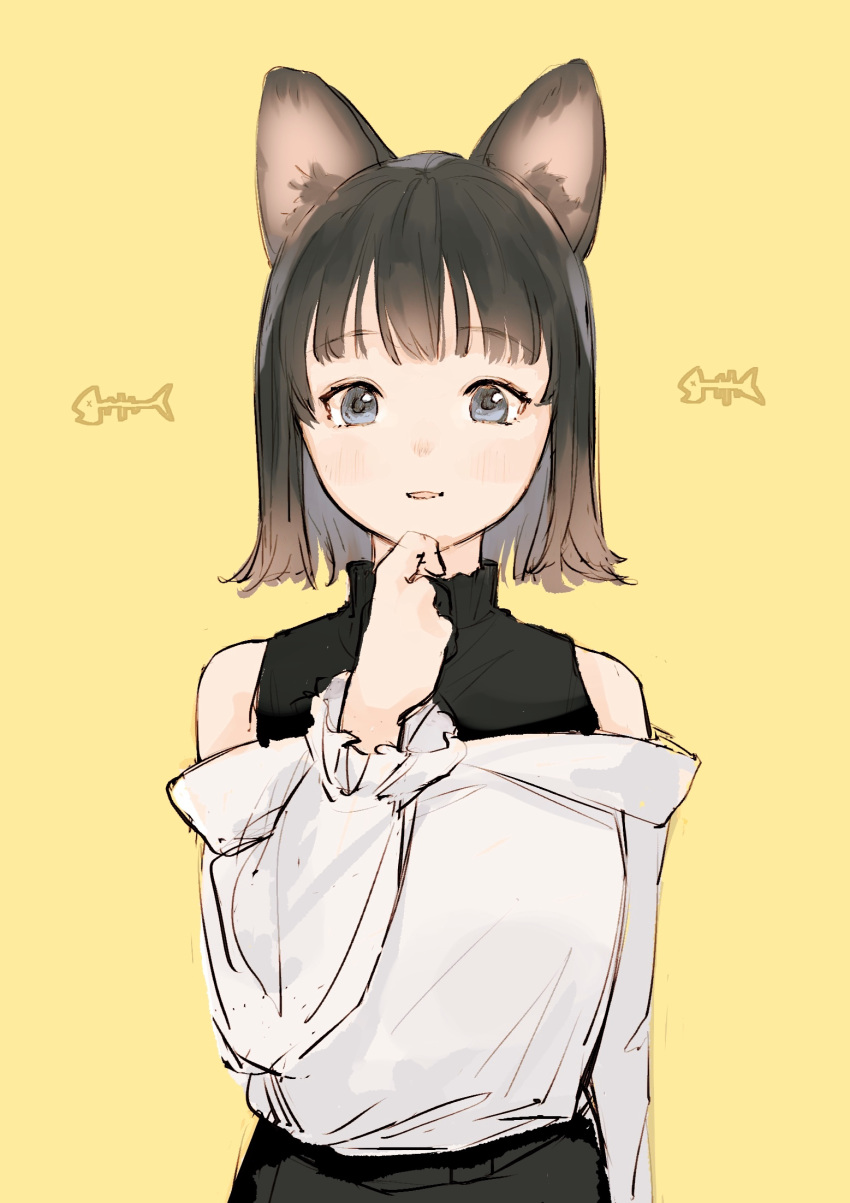 1girl 2020 :3 animal_ears animal_print bangs belt black_belt black_sweater blue_eyes blush brown_hair cat_ears chin_stroking disconnected_mouth eyebrows_visible_through_hair fish_bone fish_print flipped_hair frilled_sleeves frills hand_up highres ikoan layered_clothing looking_at_viewer off_shoulder open_mouth original puffy_sleeves shirt short_hair solo straight_hair sweater thinking turtleneck upper_body white_shirt yellow_background