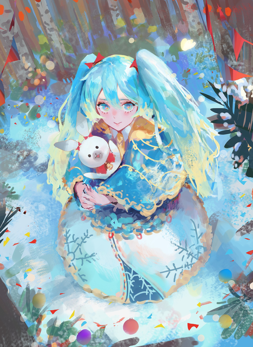 1girl absurdres aqua_eyes aqua_hair bangs blue_eyes blue_hair bow closed_mouth commentary_request dress from_above green_hair hair_between_eyes hair_bow hair_ornament hatsune_miku highres holding_toy lips long_hair long_sleeves looking_at_viewer outdoors red_bow rsef snow solo standing stuffed_animal stuffed_toy toy twintails very_long_hair vocaloid wide_sleeves winter winter_clothes