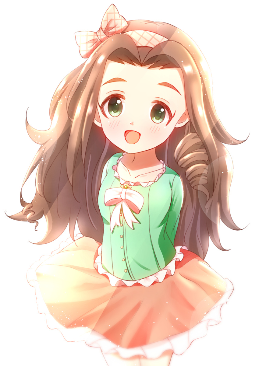 1girl :d arms_behind_back blush bow brown_hair drill_hair green_eyes hair_bow highres idolmaster idolmaster_cinderella_girls kusakabe_wakaba long_hair looking_at_viewer open_mouth pink_bow shisight simple_background skirt smile solo standing white_background younger