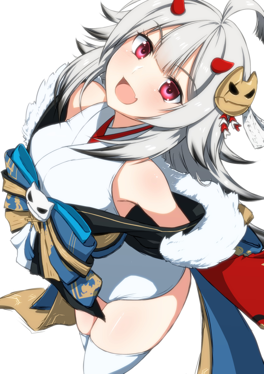 1girl :d ahoge azur_lane commentary_request grey_hair hair_ornament hibiki_(azur_lane) hibiki_(new_year's_little_imp)_(azur_lane) highres horns japanese_clothes koutarou_(plusdrive) looking_at_viewer open_mouth red_eyes red_horns simple_background smile solo thigh-highs white_background white_legwear