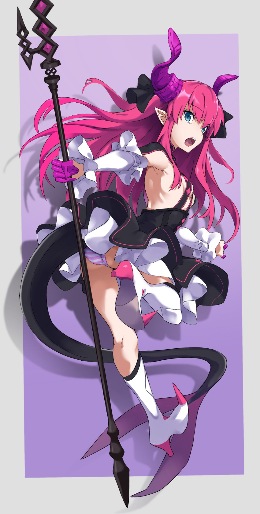 1girl absurdres ass black_skirt blue_eyes breasts curled_horns detached_sleeves dragon_girl dragon_horns dragon_tail elizabeth_bathory_(fate) elizabeth_bathory_(fate)_(all) fang fate/extra fate/extra_ccc fate/grand_order fate_(series) from_behind full_body hair_ribbon highres horns long_hair looking_at_viewer open_mouth panties pink_hair pointy_ears pretty-purin720 purple_ribbon ribbon skirt small_breasts smile solo striped striped_panties tail underwear