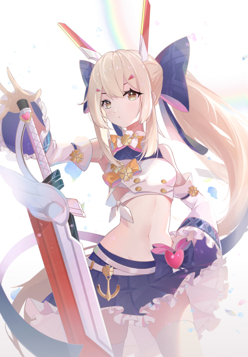 1girl :&lt; anchor_symbol armpits ayanami_(azur_lane) ayanami_(troubled_star_idol)_(azur_lane) azur_lane bangs bare_shoulders belt blue_bow blue_skirt bow breasts buttons commentary_request cowboy_shot crop_top detached_sleeves eyebrows_behind_hair frilled_skirt frills groin hair_between_eyes hair_bow hair_ornament hand_on_hip headgear high_ponytail highres long_hair looking_at_viewer midriff navel plaid plaid_bow planted_sword planted_weapon platinum_blonde_hair pleated_skirt ponytail shimutsuki shirt sidelocks simple_background skindentation skirt small_breasts solo standing sword thigh-highs waist_bow weapon white_background white_belt white_legwear white_shirt white_sleeves yellow_eyes zettai_ryouiki