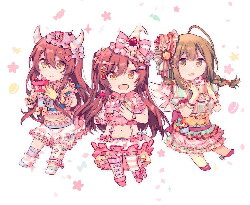 3girls ahoge bangs bow braid brown_eyes brown_hair chibi dress eyebrows_visible_through_hair fake_horns frilled_dress frilled_skirt frills gocoli hair_bow hair_ornament hair_tie hairclip hat heart heart_hair_ornament highres holding_cake horns idolmaster idolmaster_shiny_colors kuwayama_chiyuki long_hair looking_at_viewer midriff mini_hat multicolored multicolored_clothes multicolored_dress multiple_girls navel one_side_up oosaki_amana oosaki_tenka open_mouth short_sleeves sidelocks simple_background skirt skirt_set smile tareme wristband yellow_eyes