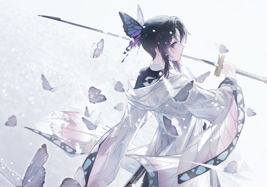 1girl bangs black_hair bug butterfly butterfly_hair_ornament closed_mouth clothes_writing cowboy_shot duoruimi_fasuo eyelashes from_behind gradient hair_ornament haori highres holding holding_sword holding_weapon insect japanese_clothes katana kimetsu_no_yaiba kochou_shinobu long_sleeves looking_at_viewer off_shoulder profile purple_hair scabbard see-through_silhouette sheath sidelocks snowing solo sword tied_hair uniform unsheathed violet_eyes weapon white_background wide_sleeves