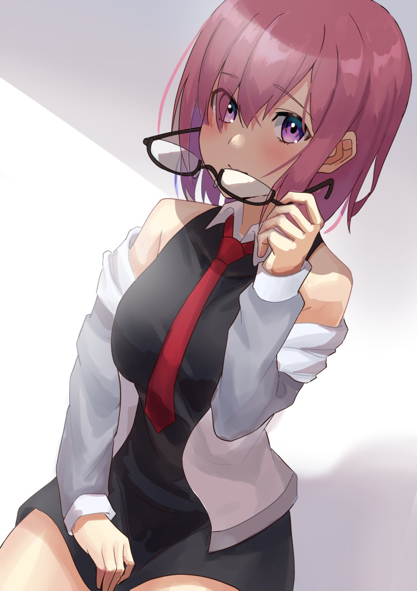 1girl bare_shoulders black_dress blush breasts closed_mouth dress fate/grand_order fate_(series) glasses grey_jacket hair_over_one_eye highres jacket lavender_hair long_sleeves looking_at_viewer mash_kyrielight necktie off_shoulder open_clothes open_jacket red_neckwear short_hair sleeveless sleeveless_dress user_ukac2333 violet_eyes