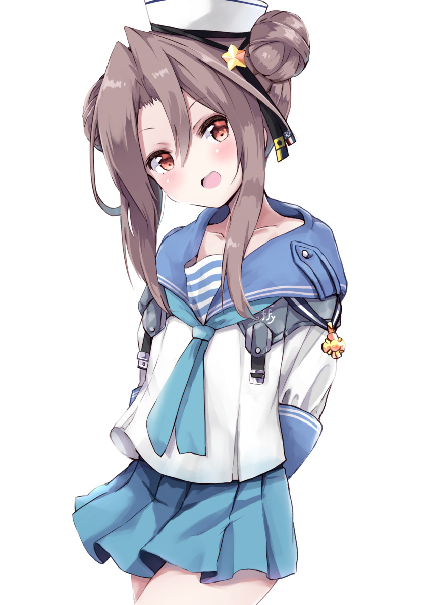 1girl :d alternate_hairstyle amano_kouki blue_neckwear blue_sailor_collar blue_skirt brown_eyes brown_hair collarbone cosplay cowboy_shot dixie_cup_hat double_bun hair_between_eyes hat highres kantai_collection long_hair military_hat neckerchief open_mouth pleated_skirt sailor_collar samuel_b._roberts_(kantai_collection) samuel_b._roberts_(kantai_collection)_(cosplay) school_uniform serafuku simple_background skirt smile solo white_background white_headwear zuihou_(kantai_collection)