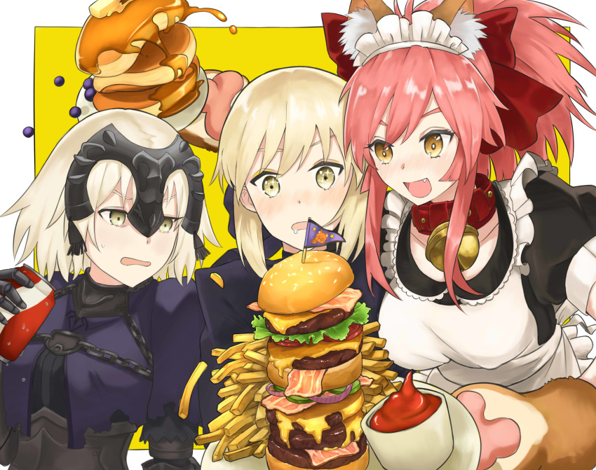 3girls absurdres ahoge animal_ear_fluff animal_ears apron armor armored_dress artoria_pendragon_(all) bell bell_collar blonde_hair blush breasts c_xj can cat_paws chain collar collarbone dark_persona fangs fate/grand_order fate/stay_night fate_(series) food fox_ears fox_girl french_fries gloves gothic_lolita hair_ribbon hamburger headpiece highres jeanne_d'arc_(alter)_(fate) jeanne_d'arc_(fate)_(all) jingle_bell ketchup large_breasts lolita_fashion long_hair multiple_girls open_mouth pancake paw_gloves paws pink_hair ponytail red_ribbon ribbon saber_alter saliva short_hair silver_hair tamamo_(fate)_(all) tamamo_cat_(fate) yellow_eyes