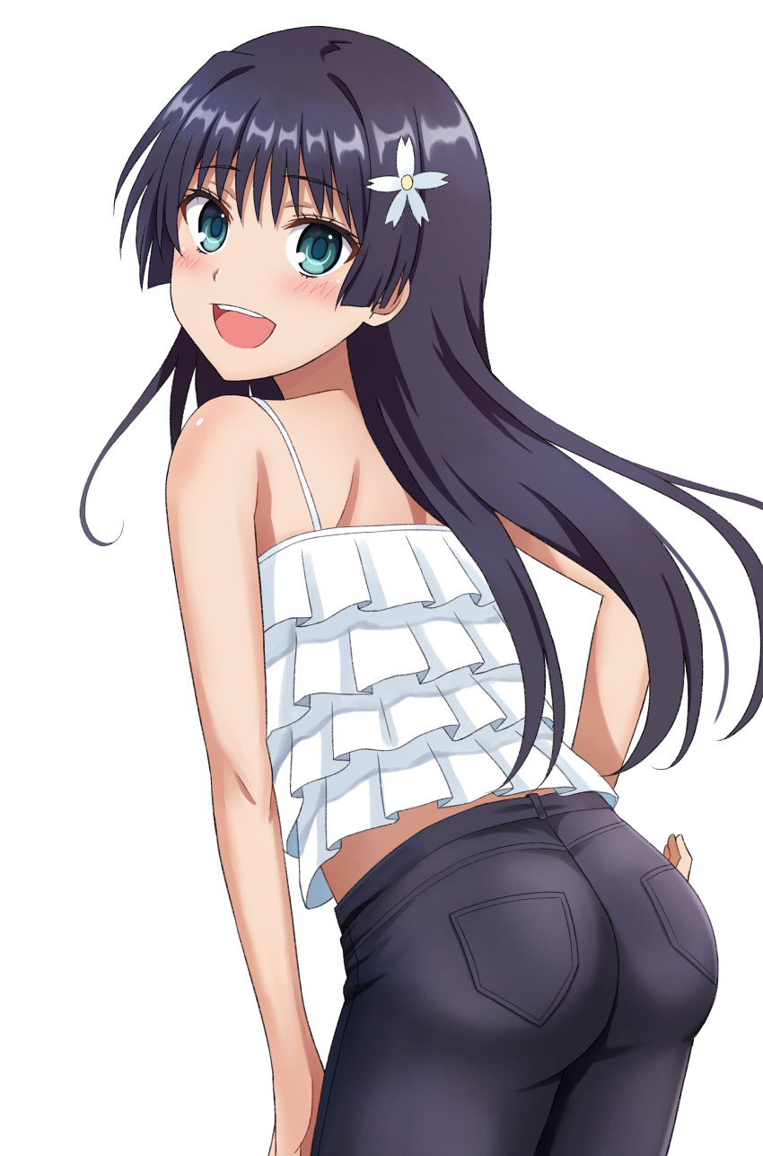 1girl absurdres alternate_costume black_hair black_pants commentary_request cowboy_shot denim flower frilled_camisole from_behind green_eyes hair_flower hair_ornament highres jeans leaning_forward long_hair open_mouth pants pocket remoa saten_ruiko smile solo to_aru_kagaku_no_railgun to_aru_majutsu_no_index upper_teeth white_camisole