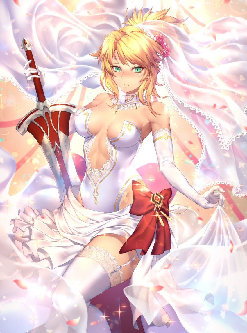 1girl alternate_breast_size bangs blonde_hair blush breasts closed_mouth commentary_request detached_collar dress elbow_gloves fate/apocrypha fate_(series) garter_straps gloves green_eyes highres leotard long_hair looking_at_viewer medium_breasts mordred_(fate) mordred_(fate)_(all) nasaniliu petals simple_background solo sparkle strapless strapless_leotard sword thigh-highs tied_hair veil weapon white_gloves white_legwear white_leotard