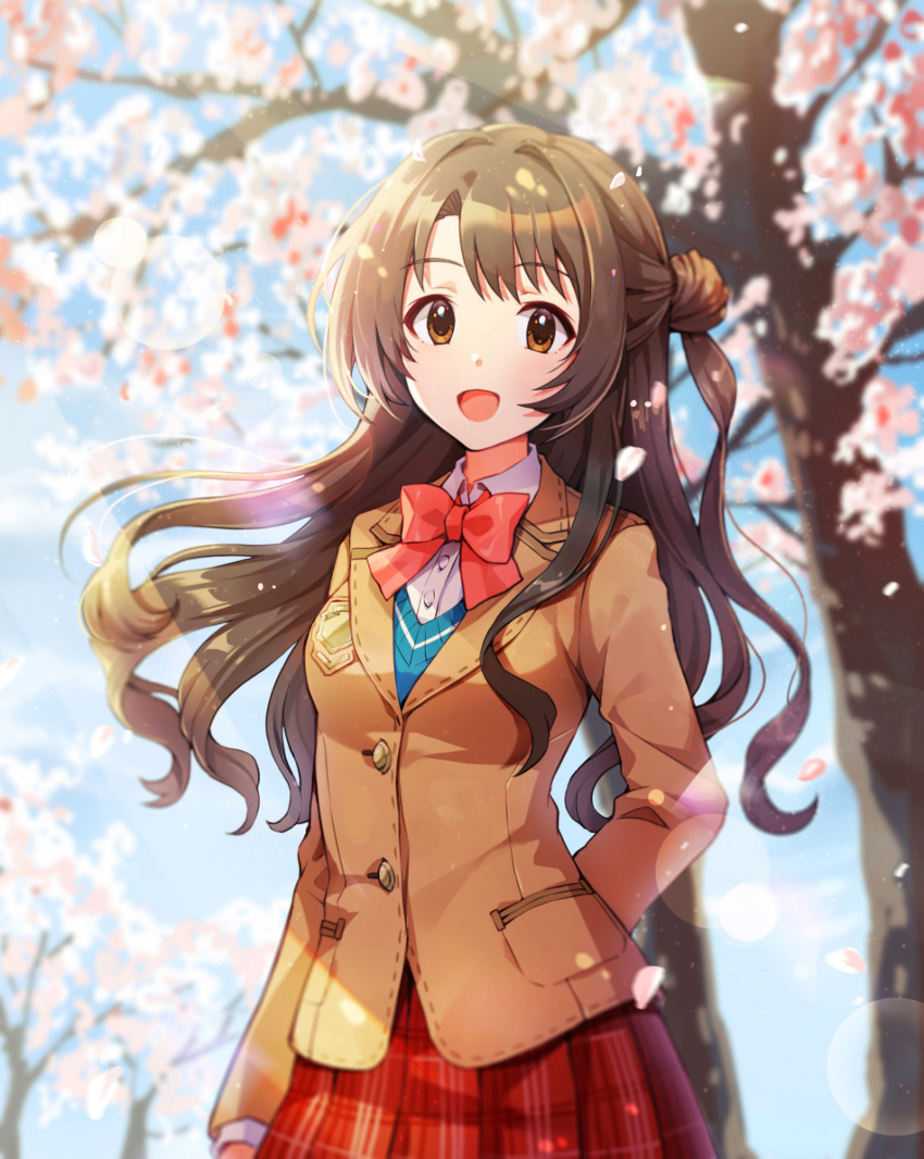1girl :d arm_at_side arm_behind_back bangs blue_sky blurry blurry_background bow bowtie breasts brown_eyes brown_hair brown_jacket cherry_blossoms collared_shirt commentary_request cowboy_shot day depth_of_field dress_shirt eyebrows_visible_through_hair highres idolmaster idolmaster_cinderella_girls jacket korean_commentary lens_flare light_particles light_rays long_hair long_sleeves looking_at_viewer medium_breasts one_side_up open_mouth outdoors petals pinkiepies2 plaid plaid_skirt pleated_skirt red_neckwear red_skirt school_uniform shimamura_uzuki shirt skirt sky smile solo standing tree wavy_hair white_shirt