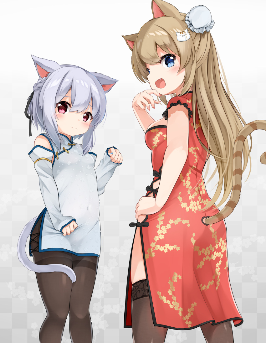 2girls animal_ears bangs black_ribbon blue_eyes blush braid breasts brown_hair brown_legwear cat_ears cat_girl cat_tail china_dress chinese_clothes closed_mouth commentary_request detached_sleeves dress eyebrows_visible_through_hair hair_between_eyes hair_ribbon hand_up highres long_hair long_sleeves looking_at_viewer medium_breasts multiple_girls original pantyhose paw_pose red_dress red_eyes ribbon short_sleeves silver_hair sleeveless sleeveless_dress sleeves_past_wrists smile sora_(silent_square) striped_tail tail thigh-highs thighband_pantyhose very_long_hair white_dress white_sleeves