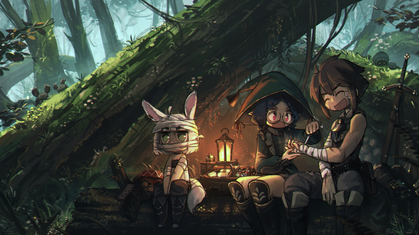 1boy 2girls animal_ears bandages blue_hair braid brown_hair closed_eyes english_commentary eyebrows_visible_through_hair fantasy forest glasses green_eyes highres lantern log multiple_girls nature original pointy_ears porforever red_eyes sheath sheathed sitting_on_log sleeveless sword tail tree weapon white_hair