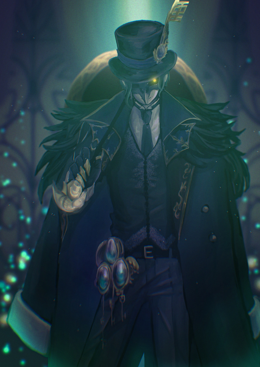 1boy absurdres beak_mask belt black_coat black_gloves black_headwear blurry blurry_background coat cowboy_shot dark dire_crowley finger_armor_ring fireflies gem gloves glowing glowing_eyes hat hat_ornament highres holding holding_wand jacket_on_shoulders long_sleeves looking_at_viewer male_focus necktie one_eye_covered open_clothes open_coat pants shirt solo standing tokyo_land top_hat twisted_wonderland vest wand white_shirt wing_collar