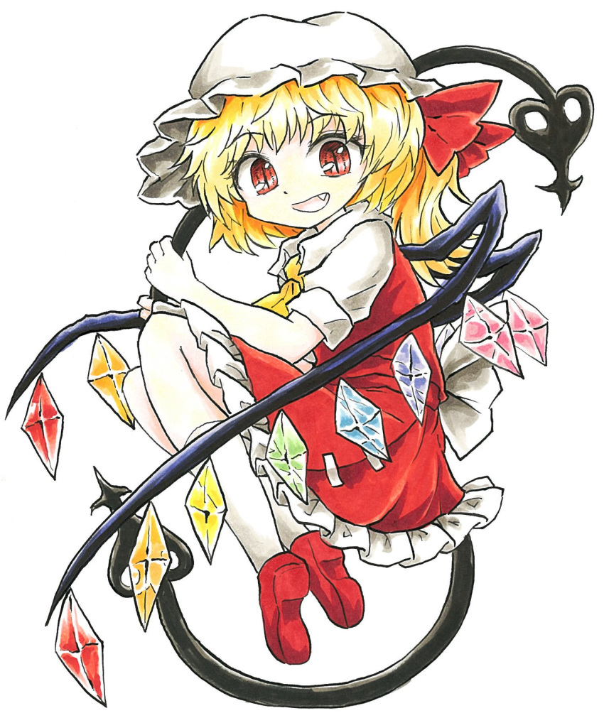 bangs blonde_hair bow chups crystal dress eyebrows_visible_through_hair fang flandre_scarlet frilled_dress frills highres holding looking_at_viewer medium_hair red_bow red_dress red_eyes red_footwear short_sleeves side_ponytail simple_background sketch touhou white_background white_bow white_frills white_legwear white_sleeves wings yellow_neckwear
