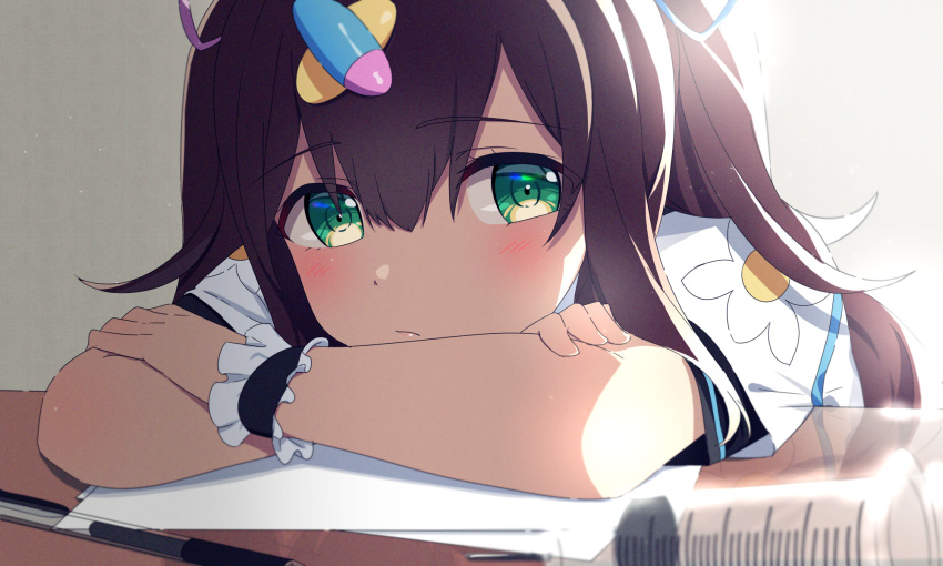 1girl blush crossed_arms green_eyes hanamori_healthy highres long_hair looking_at_viewer melty+ mkt paper pen portrait simple_background solo syringe table virtual_youtuber