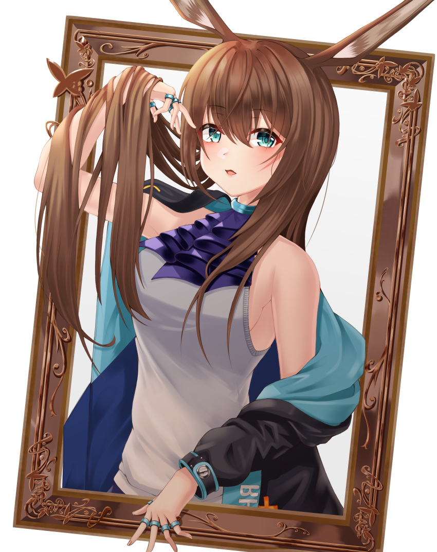 1girl absurdres amiya_(arknights) animal_ears arknights arm_up bangs bare_shoulders black_jacket blue_eyes blue_neckwear blush breasts brown_hair commentary cravat eyebrows_visible_through_hair grey_shirt haedalmyo hair_between_eyes hand_in_hair highres jacket jewelry long_hair long_sleeves looking_at_viewer medium_breasts off_shoulder open_clothes open_jacket open_mouth picture_frame rabbit_ears ring shirt simple_background sleeveless sleeveless_shirt solo upper_body white_background