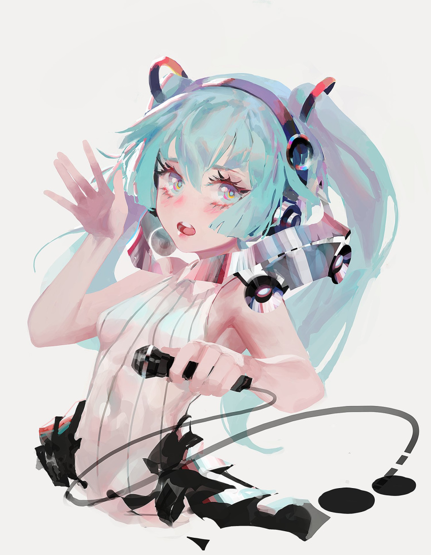 1girl aqua_eyes aqua_hair arm_up bangs bare_shoulders blue_eyes blue_hair blush breasts collar collared_shirt commentary grey_background hair_between_eyes hair_ornament hatsune_miku headset highres holding holding_microphone lips long_hair looking_at_viewer microphone open_mouth rsef shirt simple_background sleeveless sleeveless_shirt small_breasts solo striped striped_shirt teeth twintails upper_body vertical_stripes vocaloid white_shirt
