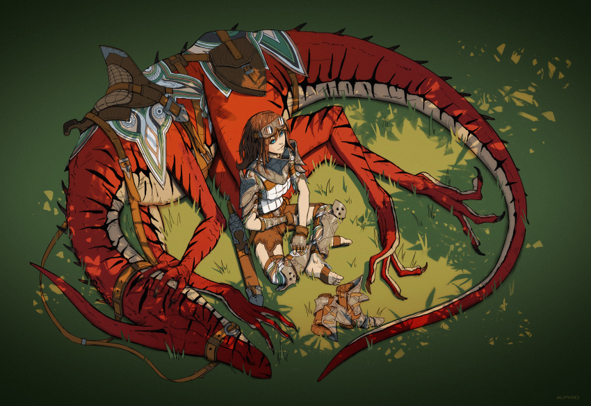 1girl alpyro armor barefoot blue_eyes boots_removed brown_hair creature dinosaur english_commentary fantasy goggles goggles_on_head grass greaves highres long_hair original saddle scabbard shadow sheath sheathed sitting sleeping sword weapon