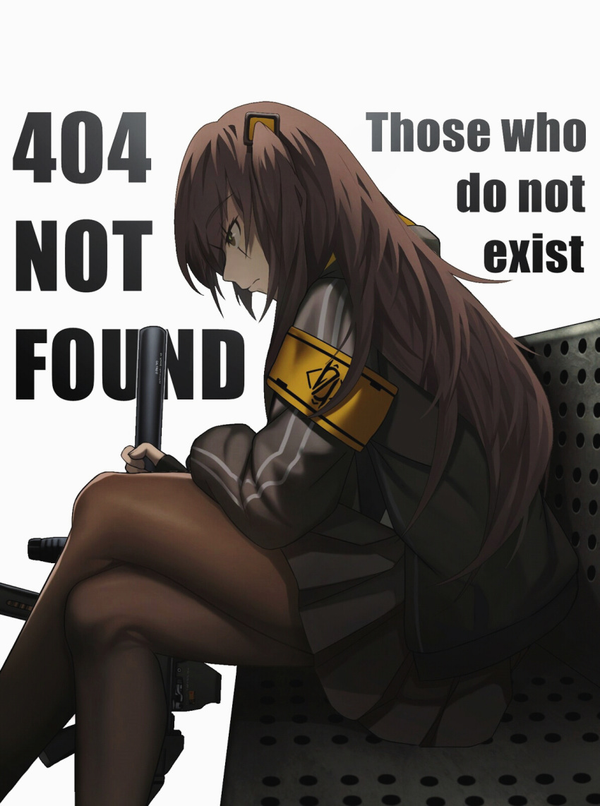 1girl 404_(girls_frontline) 404_logo_(girls_frontline) armband black_legwear brown_eyes brown_hair cero_(last2stage) closed_mouth girls_frontline h&amp;k_ump45 highres hood hooded_jacket http_status_code jacket pantyhose sad scar scar_across_eye sitting ump45_(girls_frontline) white_background