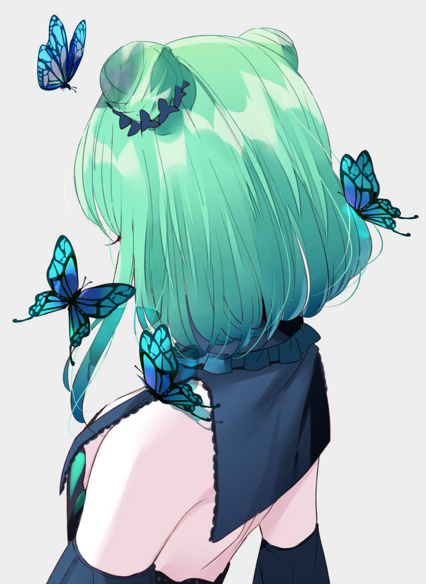 1girl animal backless_dress backless_outfit blue_dress blue_sleeves bug butterfly detached_sleeves double_bun dress eyelashes facing_away green_hair grey_background highres hololive insect misumi_(macaroni) short_hair simple_background solo upper_body uruha_rushia virtual_youtuber