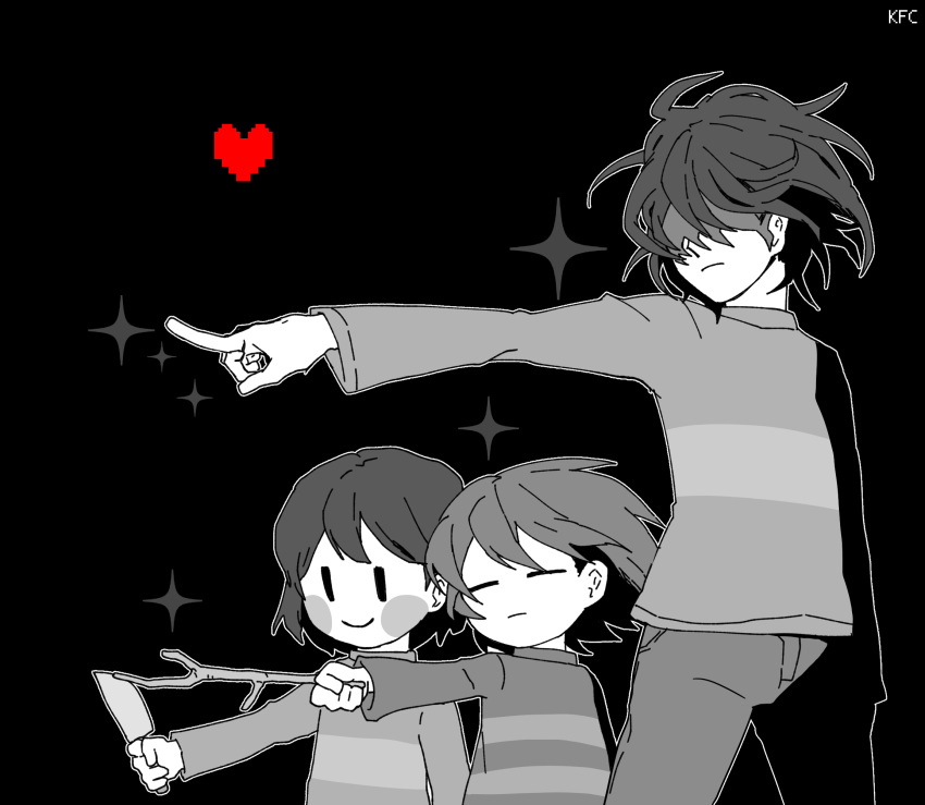 3others androgynous bangs blush_stickers chara_(undertale) closed_eyes closed_mouth crossover deltarune frisk_(undertale) greyscale heart highres holding holding_knife holding_stick holding_weapon knife kris_(deltarune) long_sleeves monochrome multiple_others n3ss_0 pants pointing shaded_face short_hair simple_background smile sparkle stick striped striped_sweater sweater undertale weapon
