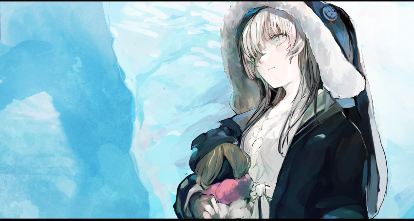 1girl anastasia_(fate/grand_order) animal_hood blue_eyes coat doll fate/grand_order fate_(series) fur-trimmed_coat fur_trim hair_over_one_eye highres hood ice silver_hair smile sweater winter_clothes winter_coat yorurokujuu