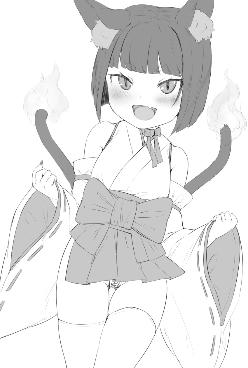 1girl :d animal_ears ass_visible_through_thighs bangs blunt_bangs blush bob_cut bow cat_ears cat_tail copyright_request cowboy_shot eyebrows_visible_through_hair fang greyscale hakama hakama_short_skirt hakama_skirt highres japanese_clothes legs_together long_sleeves looking_at_viewer maebari medium_hair microskirt monochrome neck_ribbon nekomata nishiuri open_mouth ribbon short_eyebrows simple_background skin_fang skirt smile solo standing tail tail-tip_fire thigh-highs thigh_gap white_background wide_sleeves