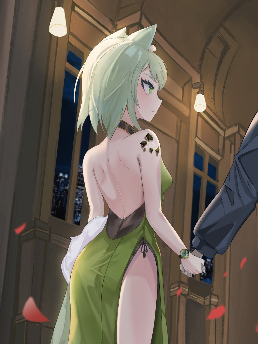 1boy 1girl absurdres animal_ear_fluff animal_ears arknights back backless_dress backless_outfit bare_back bare_shoulders black_choker choker closed_mouth commentary cowboy_shot dress english_commentary green_dress green_hair highres holding_hands huge_filesize indoors kal'tsit_(arknights) light night pelvic_curtain petals profile short_hair sleeveless sleeveless_dress smile solo_focus thighs watch watch window xxdentera