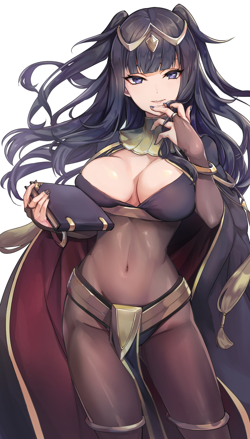 1girl absurdres bangle bangs belt black_bodysuit black_cape blue_eyes blunt_bangs bodystocking bodysuit book bracelet breasts bridal_gauntlets cape circlet cleavage_cutout closed_eyes contrapposto covered_navel feet_out_of_frame fire_emblem fire_emblem_awakening hand_on_own_face highres holding holding_book jewelry kokouno_oyazi large_breasts loincloth long_hair nail_polish parted_lips purple_nails simple_background smile solo standing tharja_(fire_emblem) thighlet two_side_up very_long_hair white_background