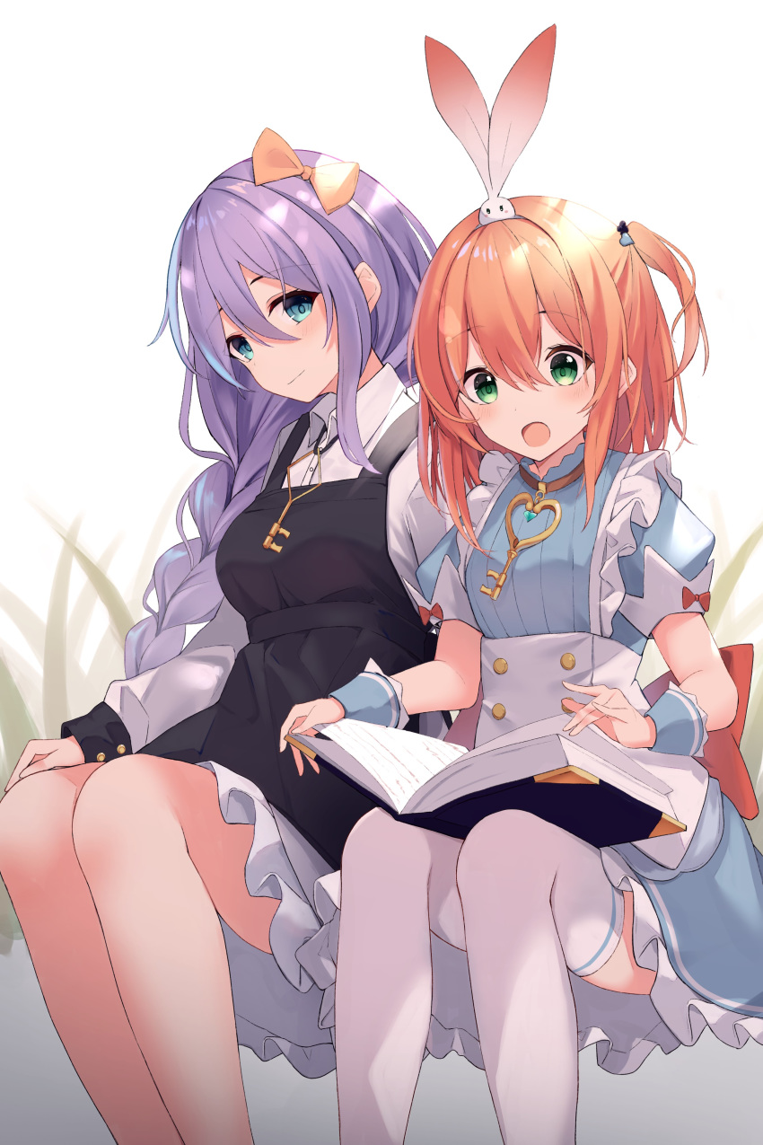 2girls :o absurdres bangs black_dress blue_dress blush book bow braid brown_hair closed_mouth collared_shirt commentary_request dress dress_shirt eyebrows_visible_through_hair feet_out_of_frame frilled_dress frills green_eyes hair_between_eyes hair_bow highres key long_hair long_sleeves mizu_(lzzrwi603) multiple_girls one_side_up open_book open_mouth princess_connect! princess_connect!_re:dive puffy_short_sleeves puffy_sleeves purple_hair rino_(princess_connect!) shirt shizuru_(princess_connect!) short_sleeves single_braid sitting sleeveless sleeveless_dress sleeves_past_wrists thigh-highs very_long_hair white_legwear white_shirt wrist_cuffs yellow_bow