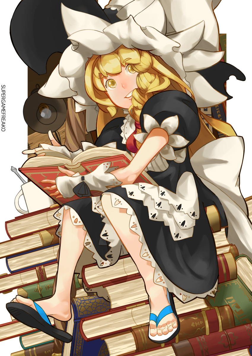 1girl absurdres artist_name black_dress blonde_hair book book_stack braid cup dress eyebrows_visible_through_hair flip-flops grin hat highres holding holding_book kirisame_marisa lamp looking_at_viewer mug puffy_short_sleeves puffy_sleeves sandals shoe_dangle short_sleeves sitting_on_books smile solo suergamefreako touhou witch witch_hat yellow_eyes