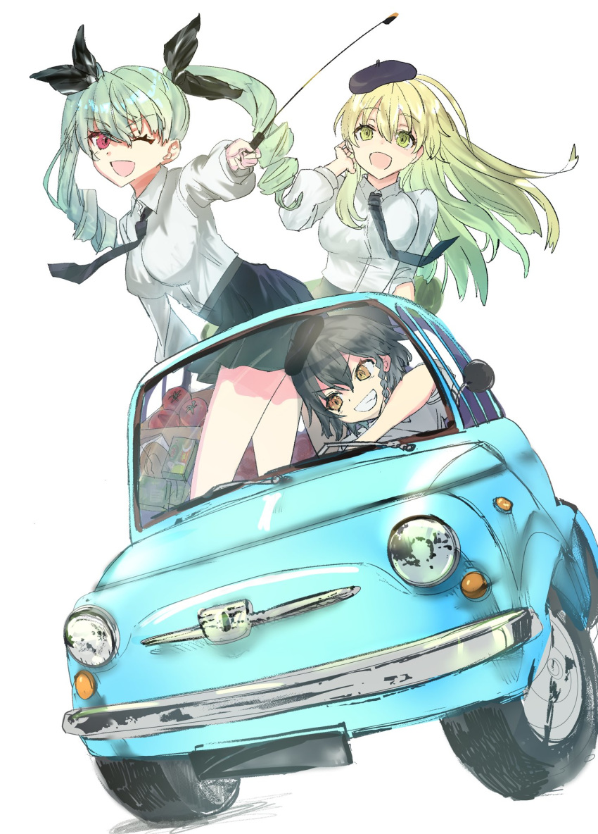 3girls :d ;d anchovy_(girls_und_panzer) anzio_school_uniform arm_support bangs belt beret black_belt black_hair black_headwear black_neckwear black_ribbon black_skirt blonde_hair box braid brown_eyes car carpaccio_(girls_und_panzer) commentary dress_shirt drill_hair driving eyebrows_visible_through_hair fiat fiat_500 girls_und_panzer green_eyes green_hair grin ground_vehicle hair_ribbon hand_in_hair harasu_(harasu888) hat highres holding leaning_forward leaning_to_the_side long_hair long_sleeves looking_at_viewer miniskirt motor_vehicle multiple_girls necktie one_eye_closed open_mouth pantyhose pepperoni_(girls_und_panzer) pleated_skirt red_eyes ribbon riding_crop school_uniform shirt short_hair side_braid simple_background skirt sleeves_rolled_up smile standing tomato twin_drills twintails v-shaped_eyebrows white_background white_legwear white_shirt wind wing_collar