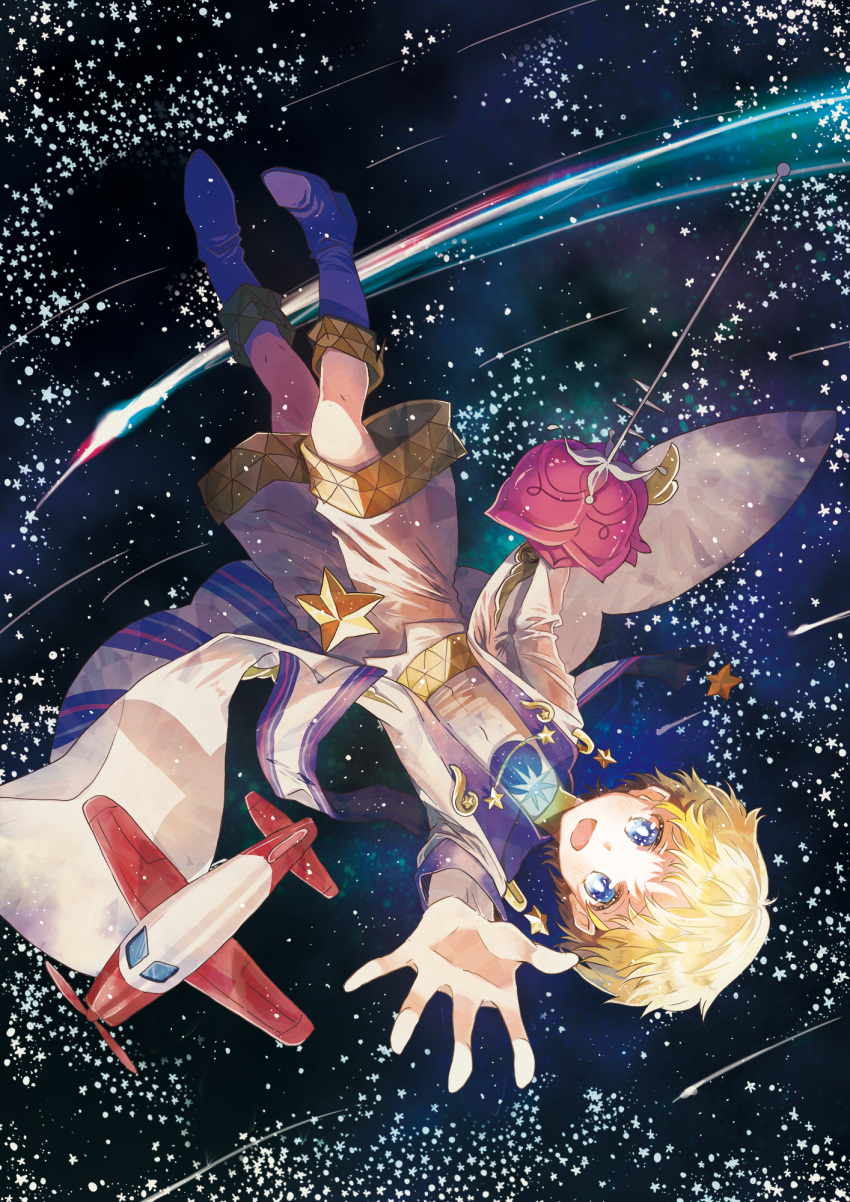 1boy aircraft airplane alternate_costume bangs blonde_hair blue_eyes bright_pupils fate/grand_order fate/requiem fate_(series) floating flower formal full_body glowing highres looking_at_viewer male_focus minami_(narayai) open_mouth parted_bangs rose scarf shoes shorts sky smile solo space star_(sky) star_(symbol) starry_background starry_sky thorns voyager_(fate/requiem) yellow_scarf