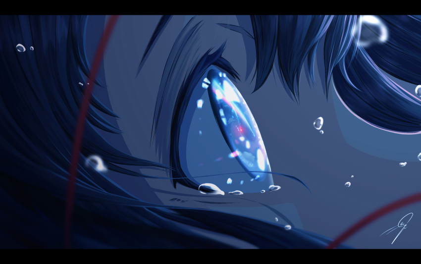 1girl blue_theme brown_hair close-up comet commentary_request crying crying_with_eyes_open eye_focus highres kijineko kimi_no_na_wa. letterboxed looking_up miyamizu_mitsuha night night_sky profile reflection reflective_eyes short_hair sky solo tears water_drop