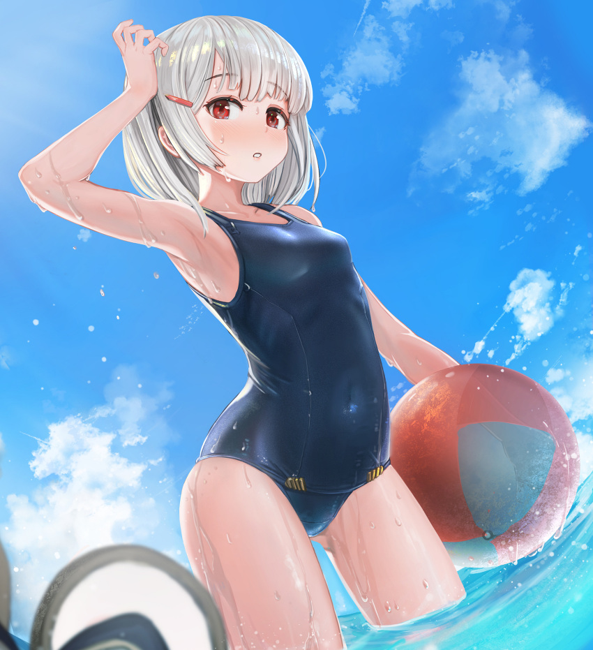 1girl animal_ears arm_up armpits ass_visible_through_thighs ball bangs beachball blue_sky blue_swimsuit blush breasts clouds collarbone covered_navel day eyebrows_visible_through_hair fake_animal_ears granblue_fantasy hair_ornament hairclip headwear_removed highres holding holding_ball looking_at_viewer mouse_ears ocean old_school_swimsuit one-piece_swimsuit outdoors parted_lips red_eyes school_swimsuit short_hair silver_hair sky small_breasts solo standing sugawara_you swimsuit vikala_(granblue_fantasy) wading water wet