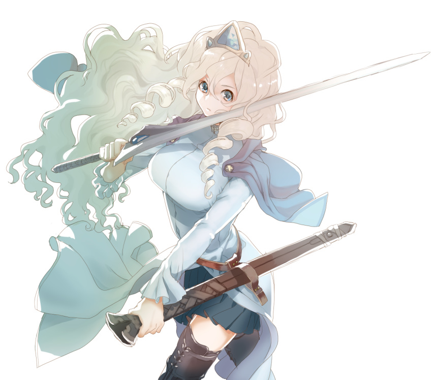 &gt;:( 1girl 2020 blonde_hair blue_eyes blue_skirt breasts capelet character_request closed_mouth crossdraw_holster curly_hair drill_hair frilled_sleeves frills hair_between_eyes highres holding holding_sheath holding_sword holding_weapon holster katamichi_yuusha large_breasts long_hair looking_at_viewer mandarin_collar miniskirt multicolored multicolored_eyes pleated_skirt ringlets sheath sidelocks silversecond simple_background skirt solo sword thigh-highs tiara tukasac weapon white_background zettai_ryouiki