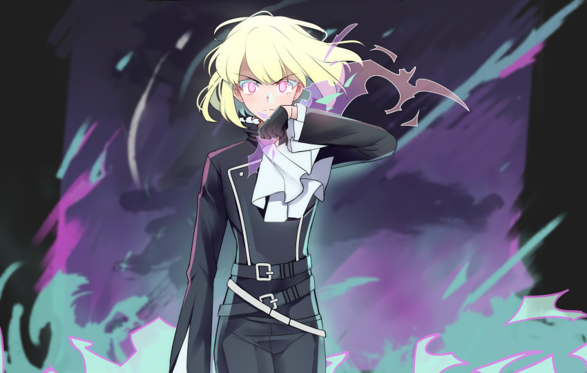 1boy belt black_gloves black_pants black_shirt closed_mouth eyebrows_visible_through_hair frown gloves green_hair highres jirafuru lio_fotia long_sleeves looking_at_viewer pants pink_eyes promare shirt short_hair solo