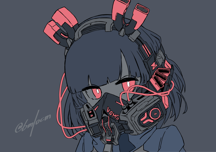1girl absurdres bangs blunt_bangs commentary_request copyright_name grey_background highres jacket jitomi_monoe looking_at_viewer magnet monochrome red_eyes respirator simple_background solo twitter_username upper_body virtual_youtuber voms yupiteru_(6m10cm) zipper_pull_tab